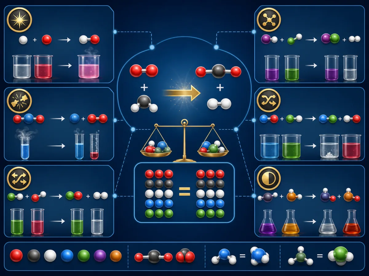 Concept map of conservation of atoms and major types of chemical reactions